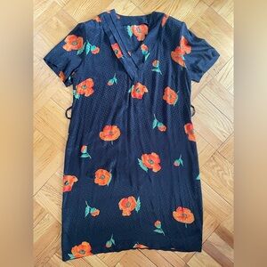 VNTG  Short Sleeve Black Dress Ft Orange Poppy Floral Print W. Polka Dots